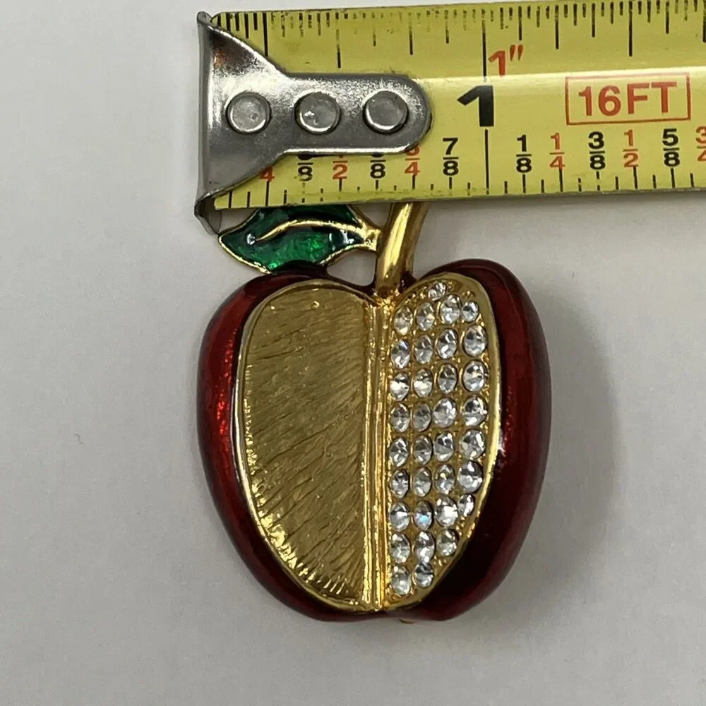 Apple Pin Brooch Pave Set Rhinestones Crystals Enamel Red Delicious Teacher Gift